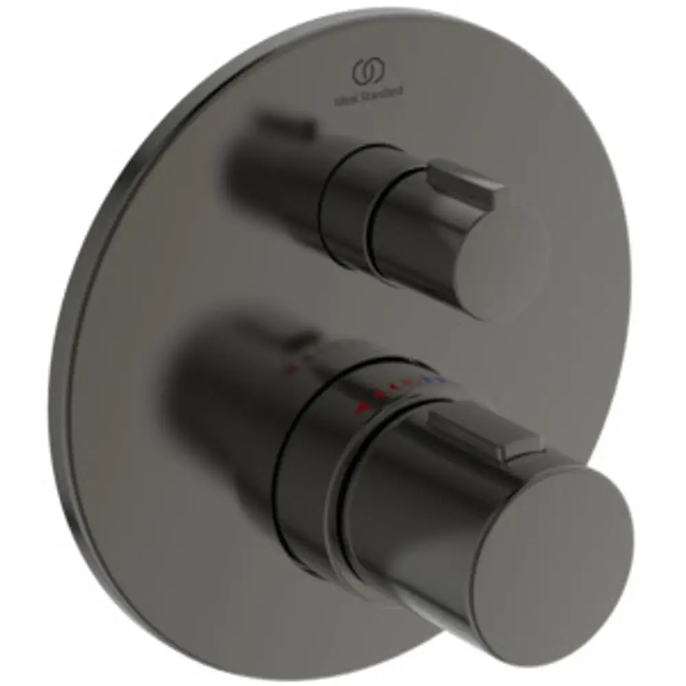 Thermostat von Ideal Standard mit zwei Bedienelementen auf einer runden, grauen Rosette. Eines der Elemente hat eine Temperaturanzeige in rot und blau.